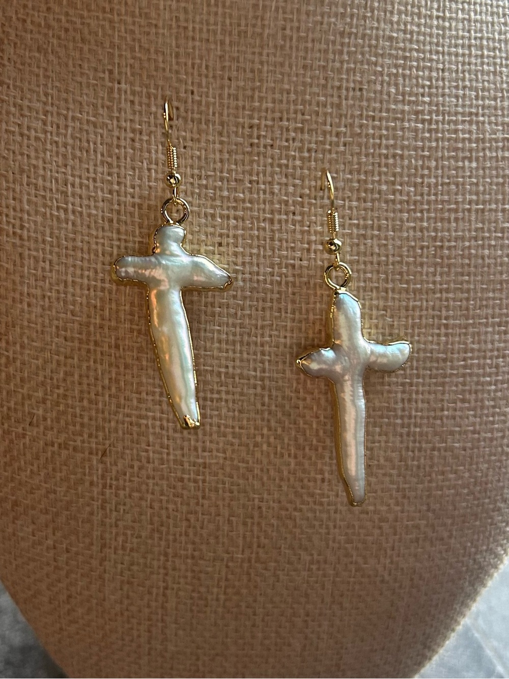 Handmade freshwater Pearl Cross Drop Earrings - Gold Trim